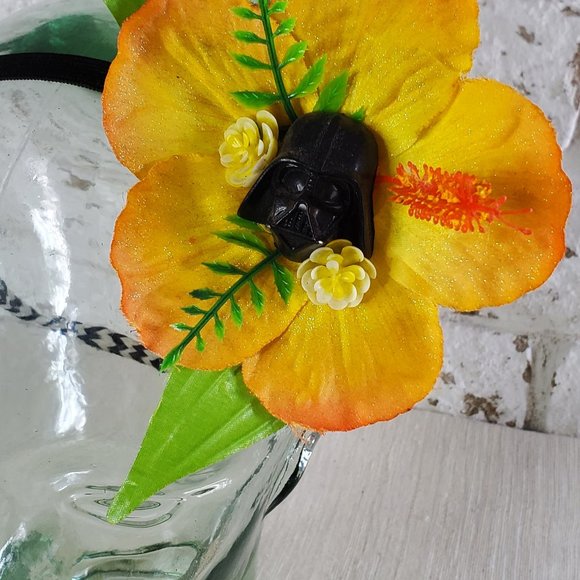 Homemade TIKI OASIS Hawaiian Luau Yellow and Green Darth Vader Flower Hair Clip - Picture 7 of 7